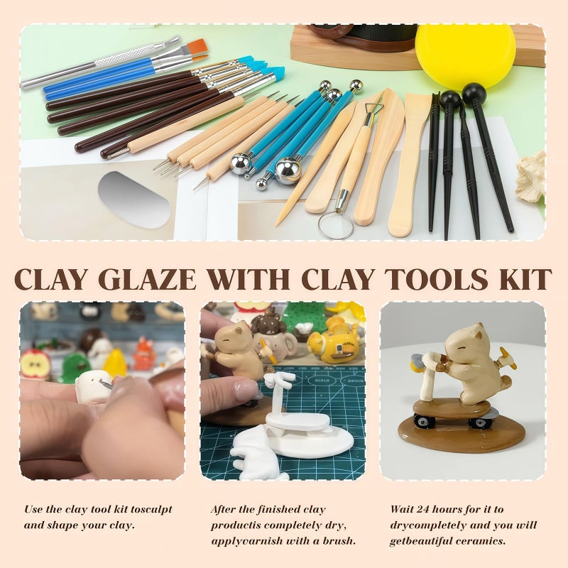 Krbnk 120ML Air Dry Clay Glaze with 29PCS Clay Tools Kit, Gloss Polymer Clay Kit and Clay Varnish, Pottery Tool kit for Sculpting, Modeling, Shaping, High Gloss, Scratch Resistant - Image 2