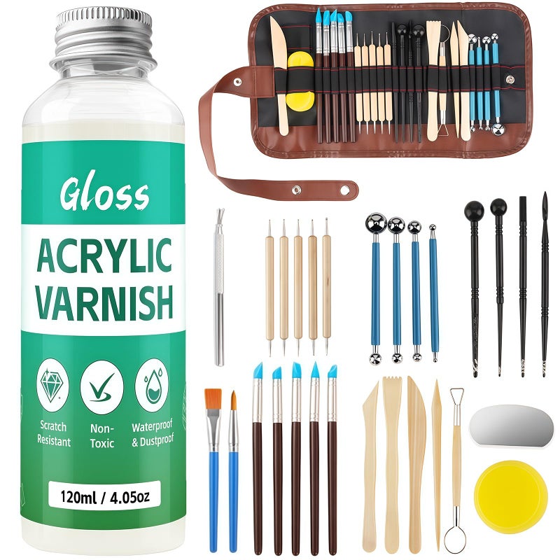Krbnk 120ML Air Dry Clay Glaze with 29PCS Clay Tools Kit, Gloss Polymer Clay Kit and Clay Varnish, Pottery Tool kit for Sculpting, Modeling, Shaping, High Gloss, Scratch Resistant - Image 1