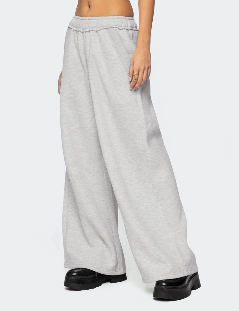 HeSaYep Womens Fleece Lined Sweatpants Wide Leg Baggy Thermal Lounge Pants Raw Hem Elastic Waist Oversized Sweat Pants,Grey L - Image 3