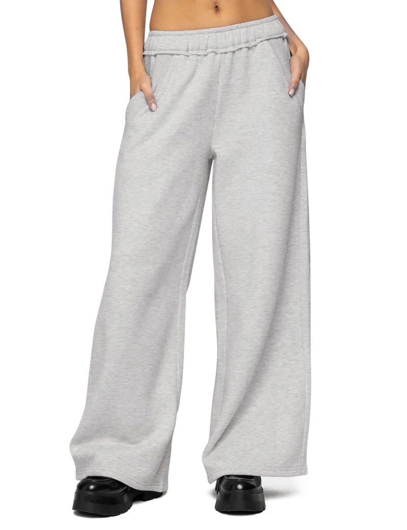 HeSaYep Womens Fleece Lined Sweatpants Wide Leg Baggy Thermal Lounge Pants Raw Hem Elastic Waist Oversized Sweat Pants,Grey L - Image 1