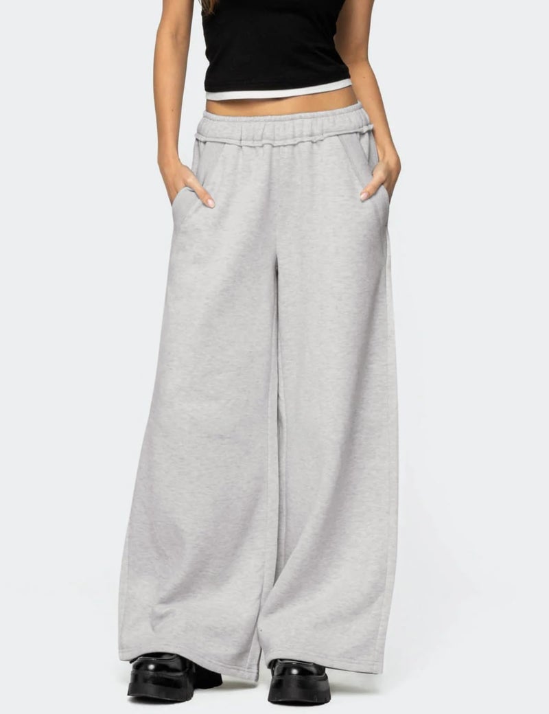 HeSaYep Womens Fleece Lined Sweatpants Wide Leg Baggy Thermal Lounge Pants Raw Hem Elastic Waist Oversized Sweat Pants,Grey L - Image 4
