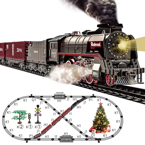 Hitish Train Set for Kids Electric Train Toys with Realistic Light Sounds Smoke Christmas Train Model Gifts for Toddlers Boys Girls Steam Locomotive Luxury Track 3 Truck Carriages - Image 1