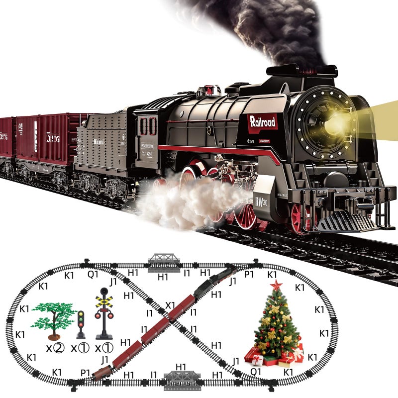Hitish Train Set for Kids Electric Train Toys with Realistic Light Sounds Smoke Christmas Train Model Gifts for Toddlers Boys Girls Steam Locomotive Luxury Track 3 Truck Carriages - Image 4