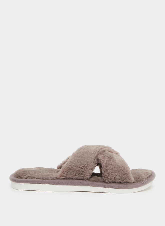 Styli Women Brown Faux Fur Criss Cross Bedroom Slippers - Image 2