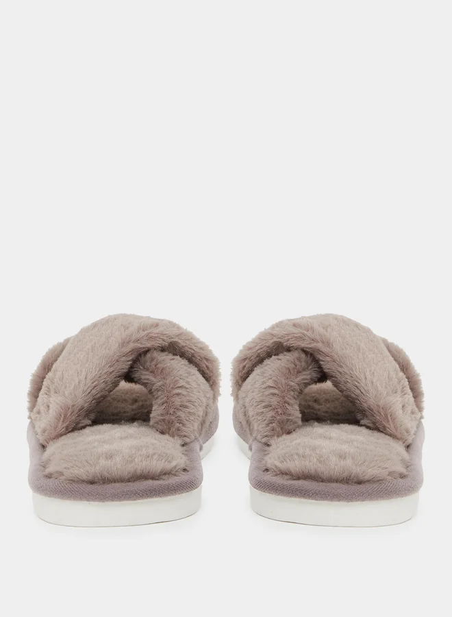 Styli Women Brown Faux Fur Criss Cross Bedroom Slippers