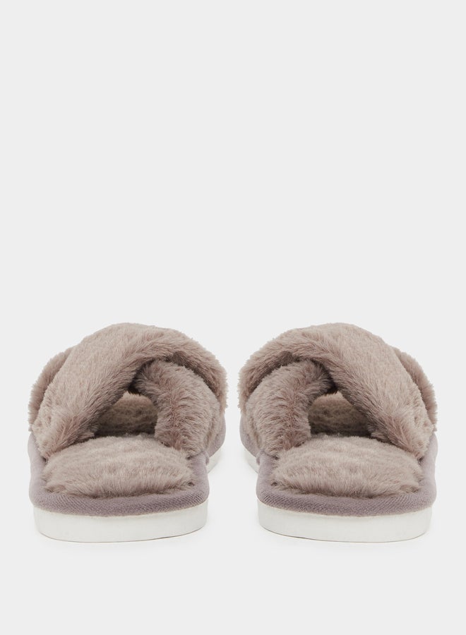 Styli Women Brown Faux Fur Criss Cross Bedroom Slippers - Image 5