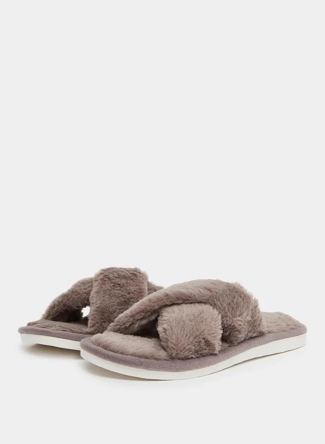 Styli Women Brown Faux Fur Criss Cross Bedroom Slippers