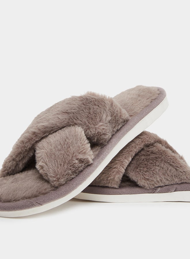 Styli Women Brown Faux Fur Criss Cross Bedroom Slippers - Image 4