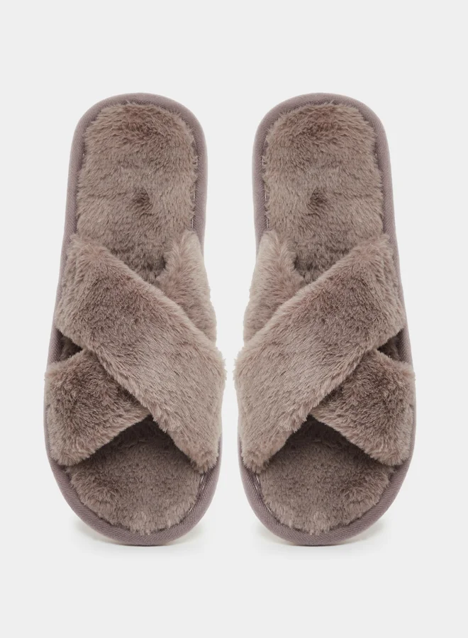 Styli Women Brown Faux Fur Criss Cross Bedroom Slippers