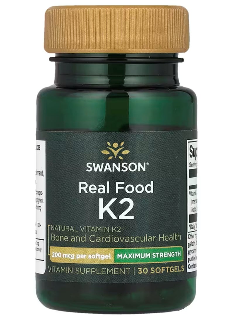 Swanson, Maximum Strength, Real Food K2, 200 mcg, 30 Softgels