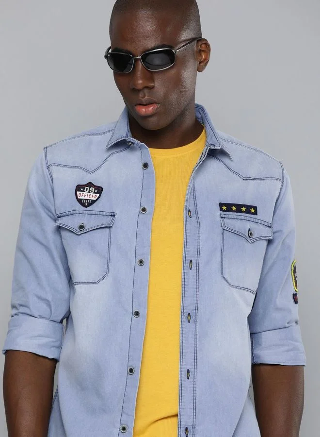 The Indian Garage Co Men Slim Fit Solid Full Sleeves Cutaway Collar Double Flap Pocket Casual Denim Shirt