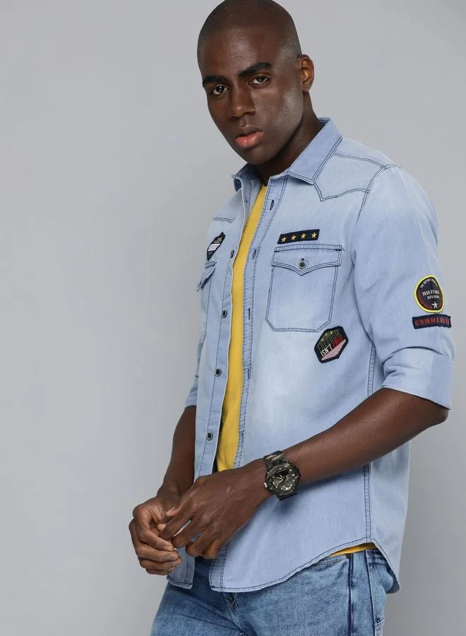 The Indian Garage Co Men Slim Fit Solid Full Sleeves Cutaway Collar Double Flap Pocket Casual Denim Shirt