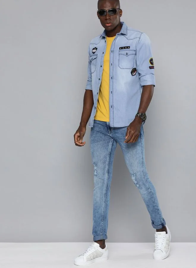 The Indian Garage Co Men Slim Fit Solid Full Sleeves Cutaway Collar Double Flap Pocket Casual Denim Shirt