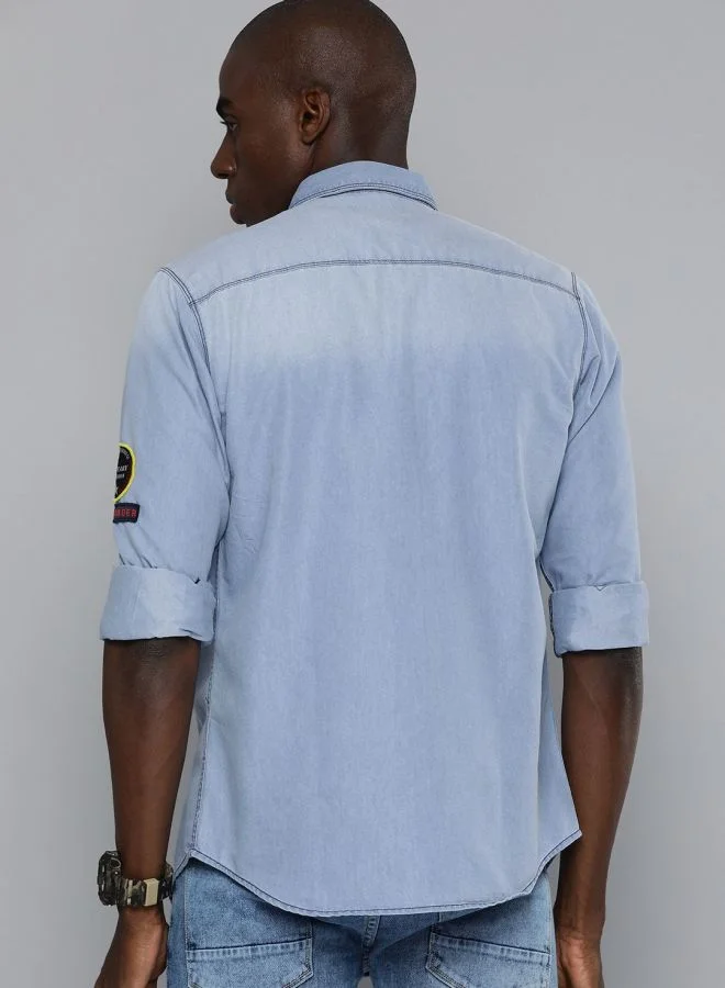 The Indian Garage Co Men Slim Fit Solid Full Sleeves Cutaway Collar Double Flap Pocket Casual Denim Shirt