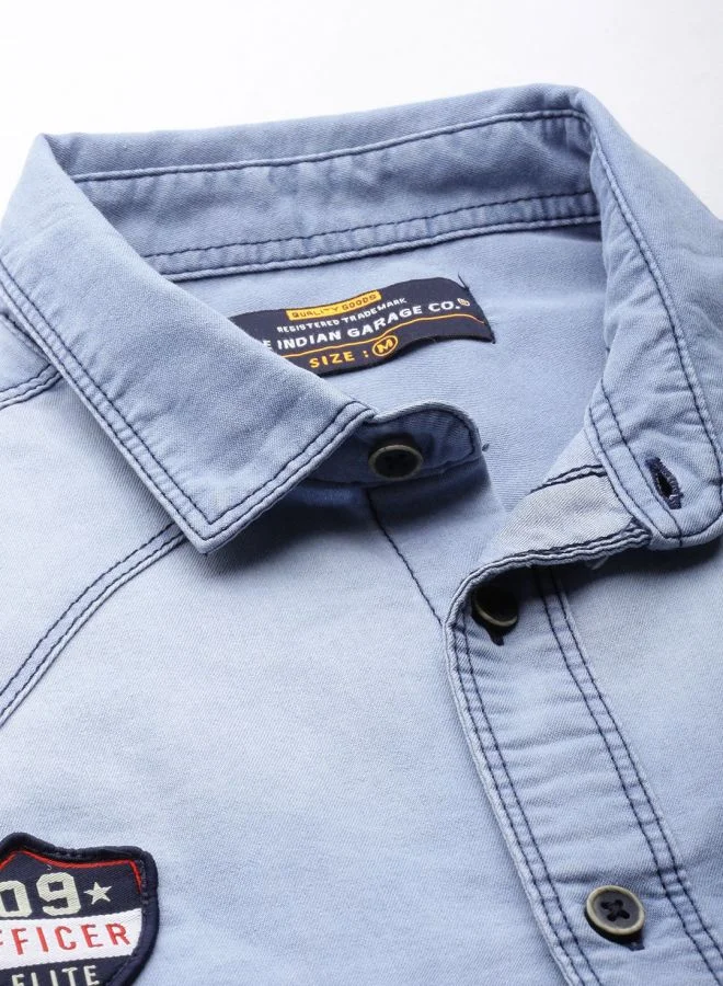 The Indian Garage Co Men Slim Fit Solid Full Sleeves Cutaway Collar Double Flap Pocket Casual Denim Shirt