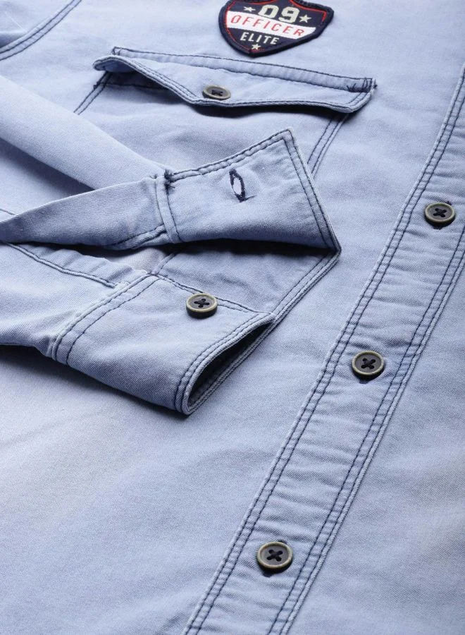 The Indian Garage Co Men Slim Fit Solid Full Sleeves Cutaway Collar Double Flap Pocket Casual Denim Shirt