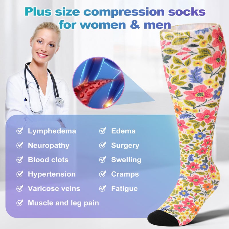 LEVSOX Wide Calf Compression Socks for Women Men Plus Size 15-20 mmHg Extra Large Knee High Support Sock for Nurses Pregnant Travel - Image 2