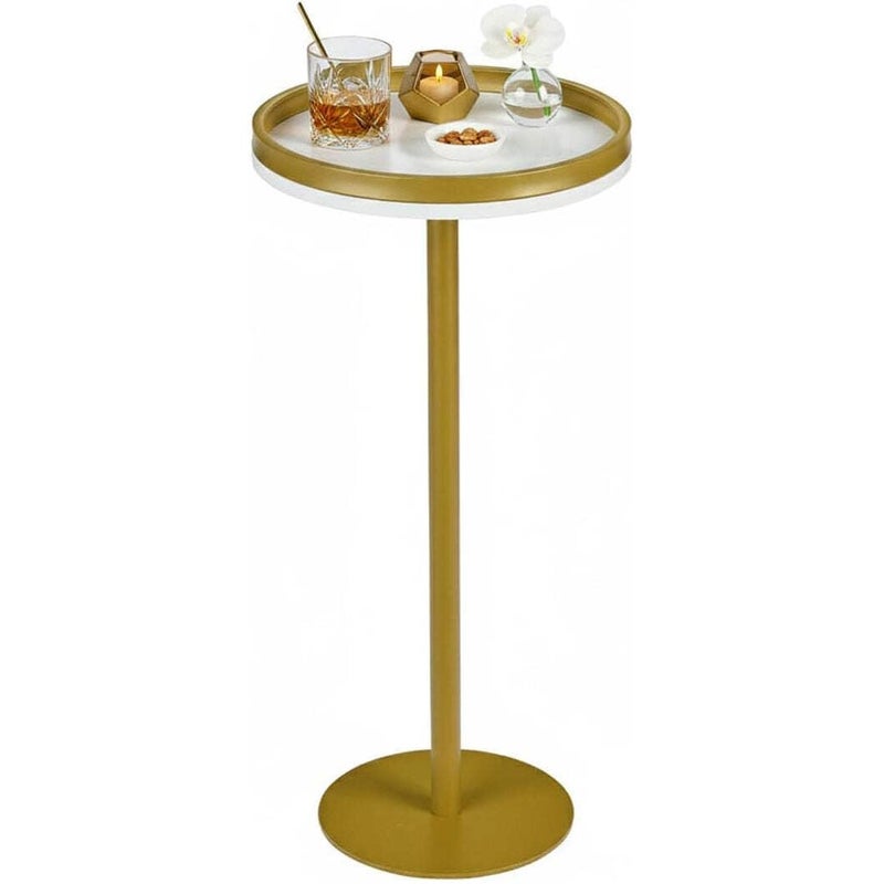 ZEXVIDA Martini Table, Small Round Drink Table with Weighted Base,Modern White & Gold Pedestal End Table with Tray Top Edge for Small Spaces, Living Room, Next to Sofa,24.7 "Tall - Image 1