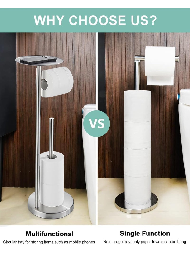 تراسل حامل حامل حامل ورق تواليت مع رف، حامل حامل ورق تواليت قائم بذاته مع صينية كبيرة، قاعدة ثقيلة لا تنقلب على الأرض، حامل موزع مناديل أرضية من الفولاذ المقاوم للصدأ SUS304 - Image 5