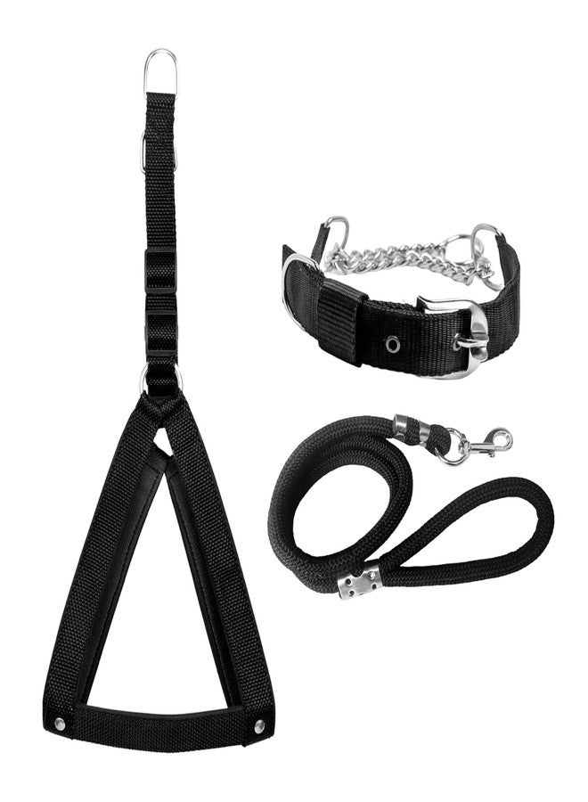 ADB CREATIONS Export Quality Stainless Steel Nylon Dog Choke Collar with Adjustable Buckle Dog Harness and Durable Training Rope Leash Combo | Black XS - Image 1