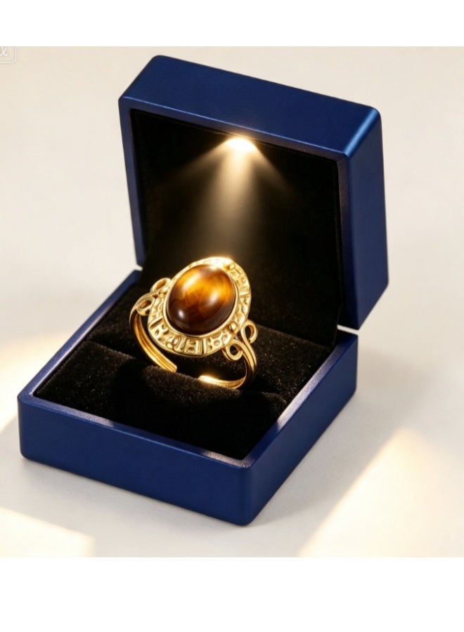 LATEEN 18K Gold Plated Stainless Steel Tiger’s Eye Open Ring with Luxury LED Light Gift Box, High-End Vintage Statement Jewelry for Men & Women - Image 1
