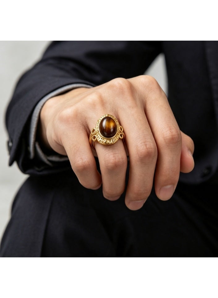LATEEN 18K Gold Plated Stainless Steel Tiger’s Eye Open Ring with Luxury LED Light Gift Box, High-End Vintage Statement Jewelry for Men & Women - Image 3