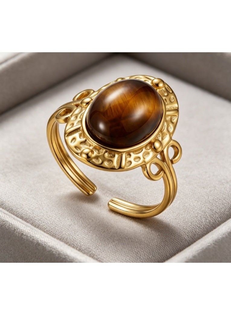 LATEEN 18K Gold Plated Stainless Steel Tiger’s Eye Open Ring with Luxury LED Light Gift Box, High-End Vintage Statement Jewelry for Men & Women - Image 5