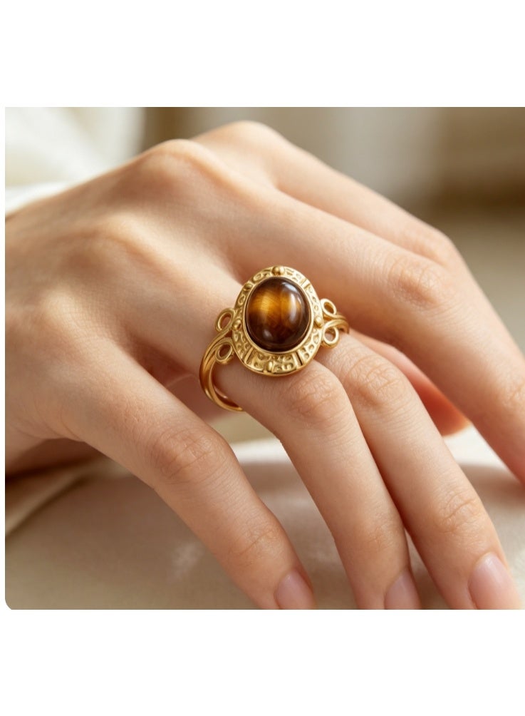 LATEEN 18K Gold Plated Stainless Steel Tiger’s Eye Open Ring with Luxury LED Light Gift Box, High-End Vintage Statement Jewelry for Men & Women - Image 2