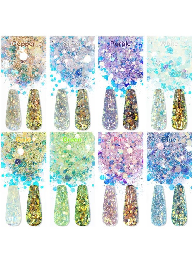 Laza 8 Colours Nail Art Glitter Diamond Dust Iridescent Nail Powder Chunky Glitter Confetti Foil Flakes Sequins for Nail Art Supplies, Gel Polish, Mermaid Makeup, Body, Resin — Glittering Iridescence - Image 4