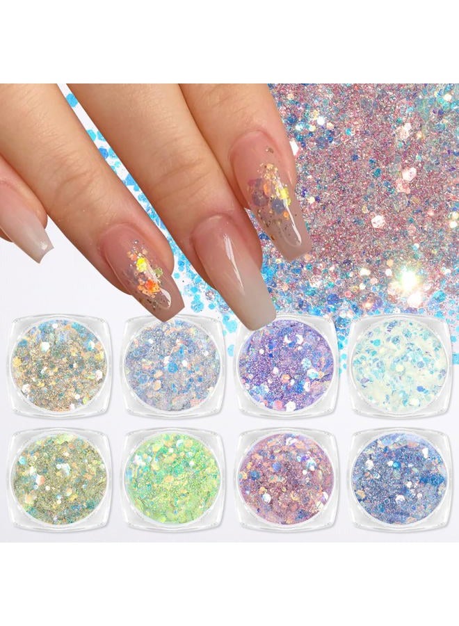 Laza 8 Colours Nail Art Glitter Diamond Dust Iridescent Nail Powder Chunky Glitter Confetti Foil Flakes Sequins for Nail Art Supplies, Gel Polish, Mermaid Makeup, Body, Resin — Glittering Iridescence - Image 1