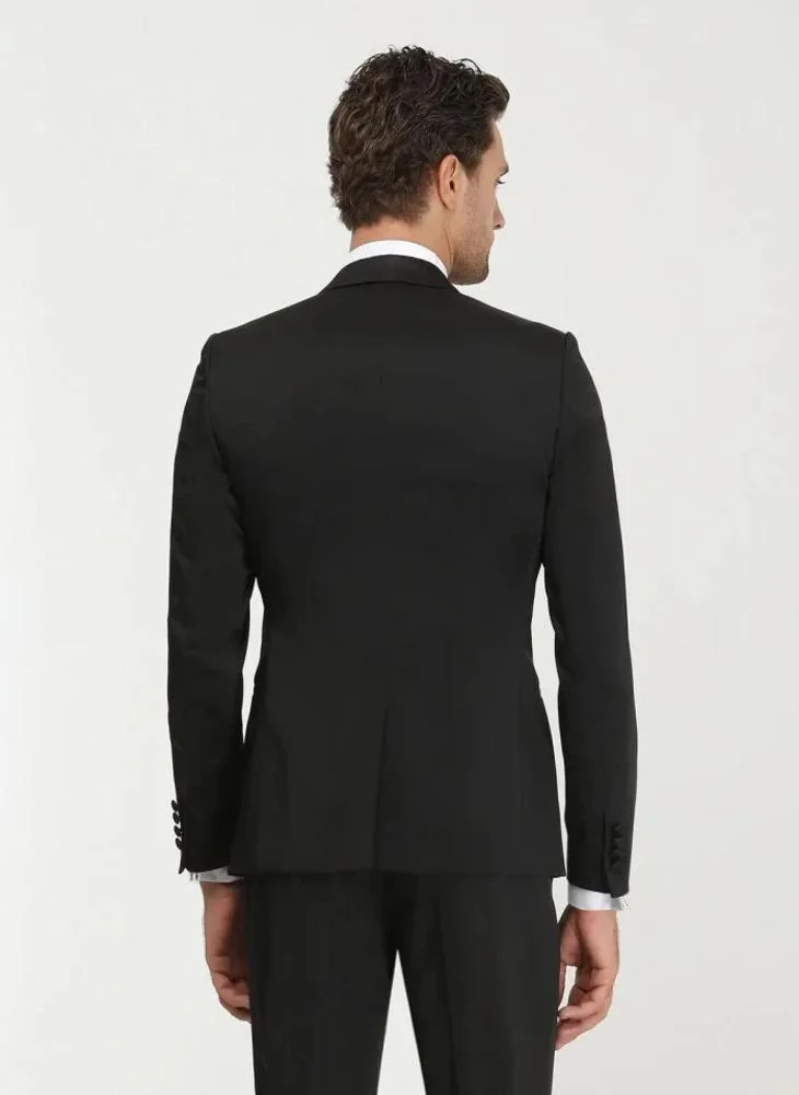 Kip Black Patterned Slim Fit Shawl Collar Weaving Tuxedo