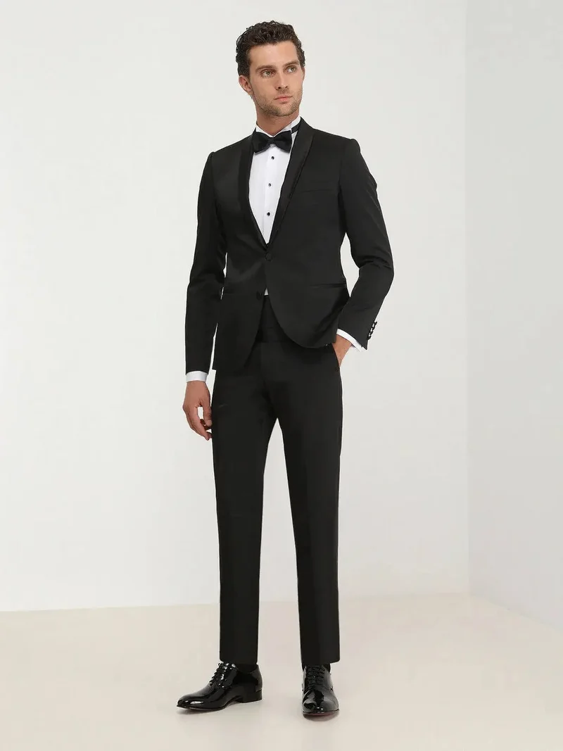 Kip Black Patterned Slim Fit Shawl Collar Weaving Tuxedo