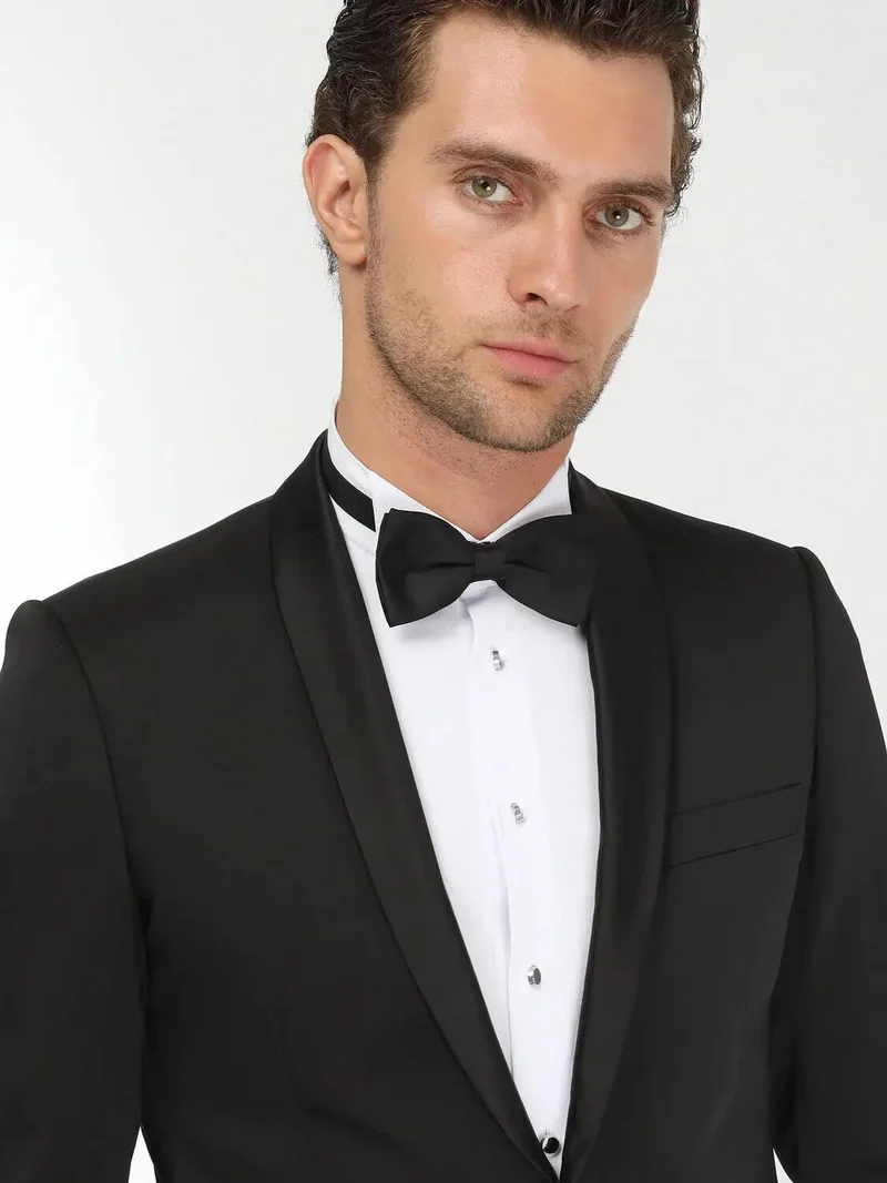 Kip Black Patterned Slim Fit Shawl Collar Weaving Tuxedo