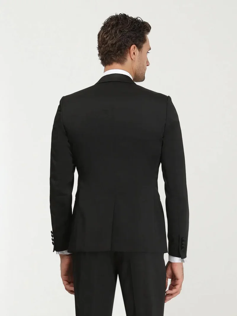 Kip Black Patterned Slim Fit Shawl Collar Weaving Tuxedo