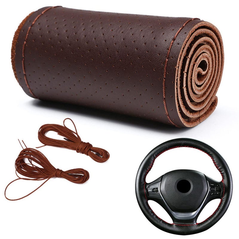 DEEYOTA Car Steering Wheel Cover Universal Fit Round Stitch Steering Wheel Wrap Thin PU Leather Steering Wheel Cover Sewn on 15 Car Wheel Coffee