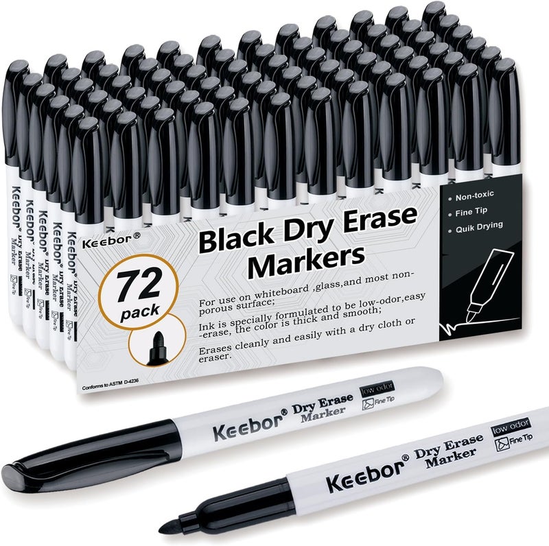 Keebor Fine Tip Dry Erase Markers - Bold Black, Long-Lasting ink, Low-Odor - 72 Pack Whiteboard Markers Bulk for Home, Office, Back to School Supplies - Image 1