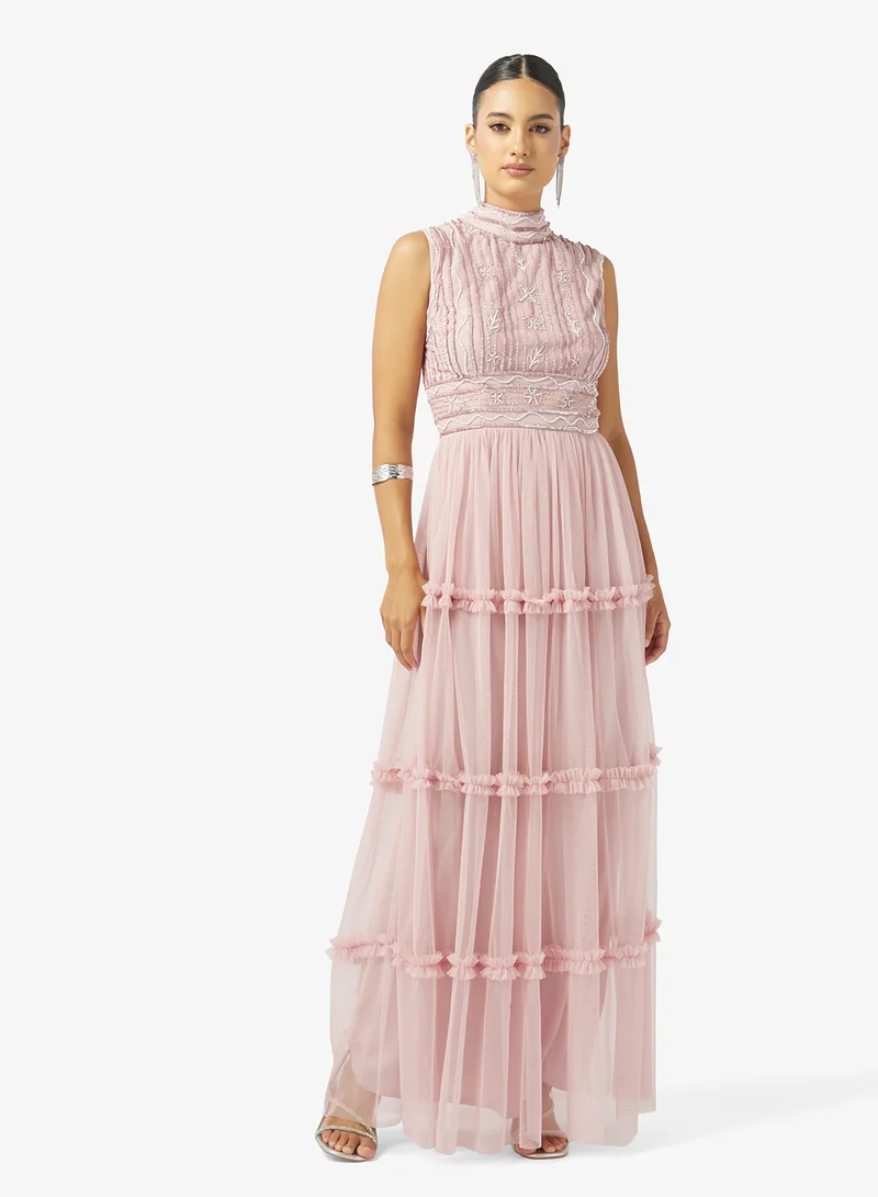 Namshi x High neck embellished dress with tier detail