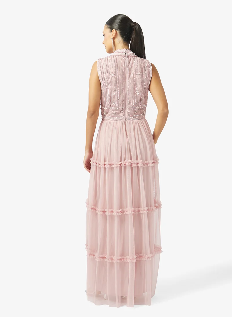 Namshi x High neck embellished dress with tier detail