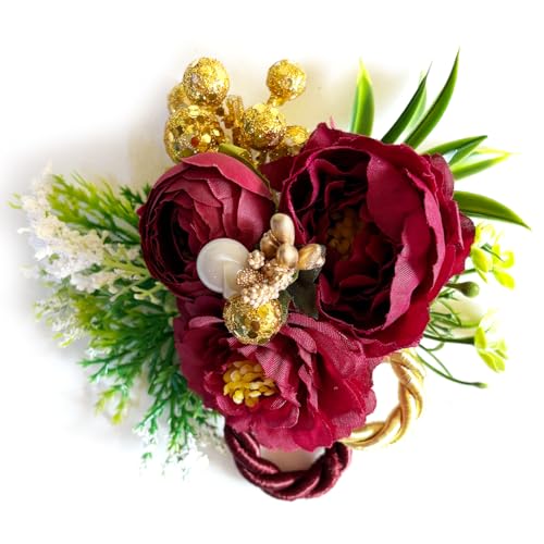 ADIKALA™ Handmade Artificial Big Peonies 3 Flower Bunch for Trousseau Packing, Ready to use Flower Brooch Hamper for Decoration, Gift Wrapping Flowers (3, Maroon) - Image 2