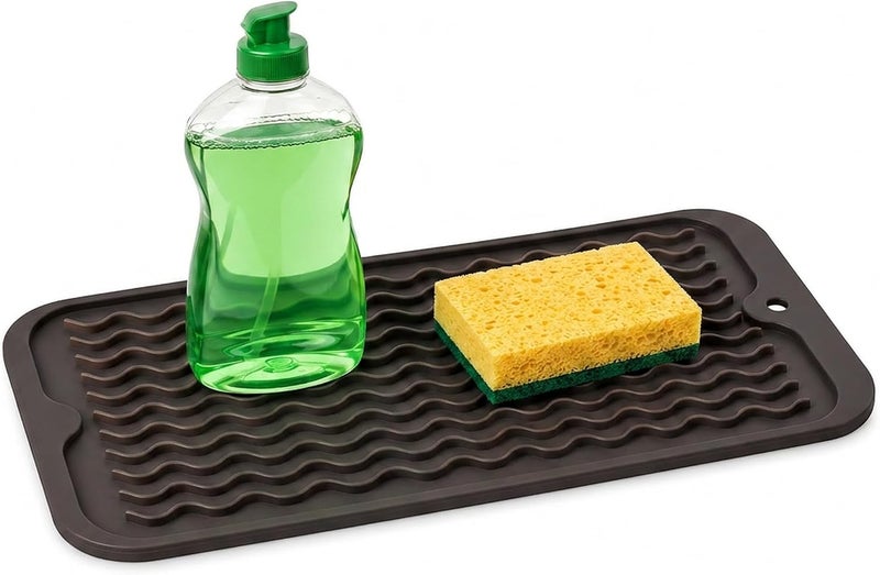 ZLR Silicone Sponge Holder & Sink Caddy Tray (6" x 12") - Narrow Dish Drying Mat for Kitchen Counter - Waterproof Soap Dispenser Organizer, Non-Slip Bathroom Vanity Tray (Coffee) - Image 1