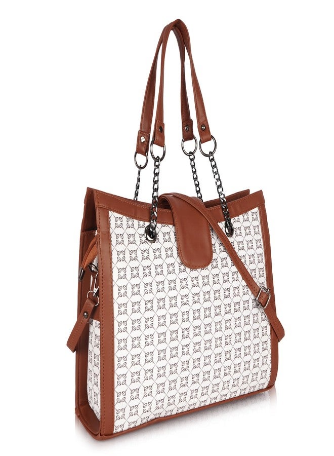 DANIEL CLARK Designer Handbag with Pattern Print, Brown Leather Trim, Chain Straps, Convertible Tote Shoulder Bag (White) - Image 1