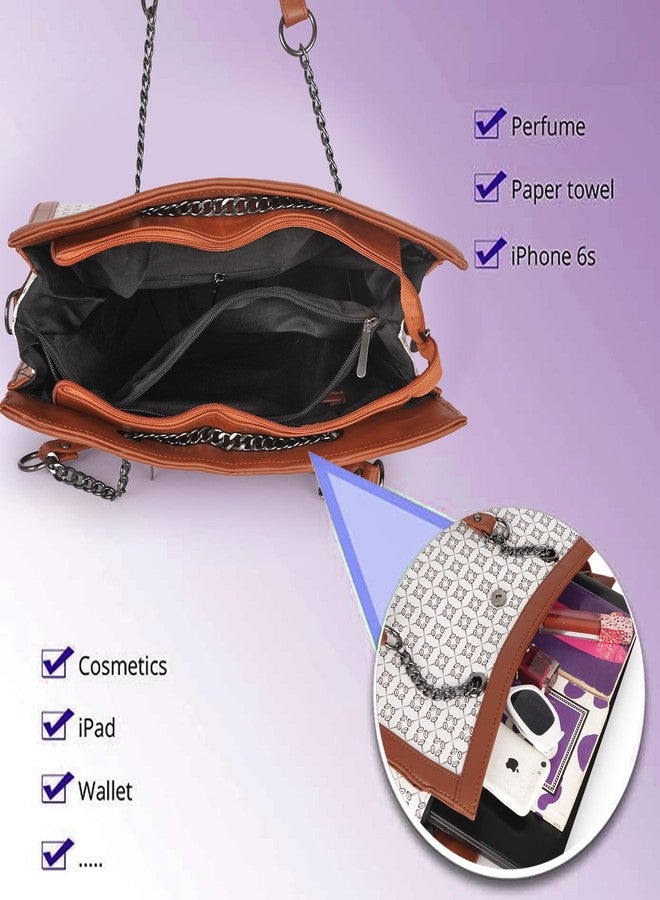 DANIEL CLARK Designer Handbag with Pattern Print, Brown Leather Trim, Chain Straps, Convertible Tote Shoulder Bag (White) - Image 4