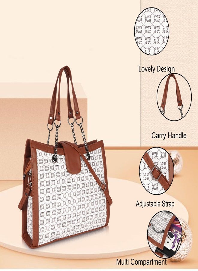 DANIEL CLARK Designer Handbag with Pattern Print, Brown Leather Trim, Chain Straps, Convertible Tote Shoulder Bag (White) - Image 2