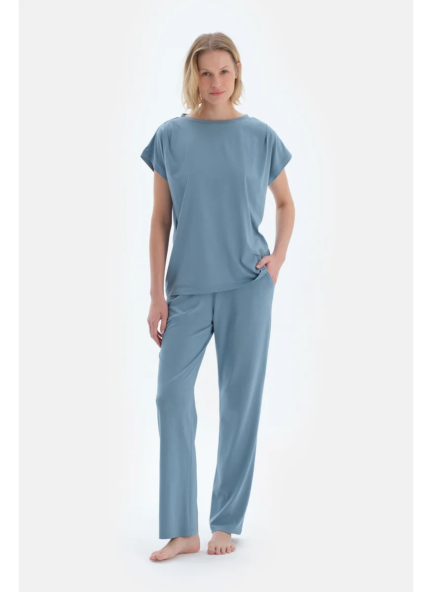 dagi T-shirt & Trousers Pajama Set Crew Neck Cotton Blend Mid Rise Regular/Classic Fit Sleepwear