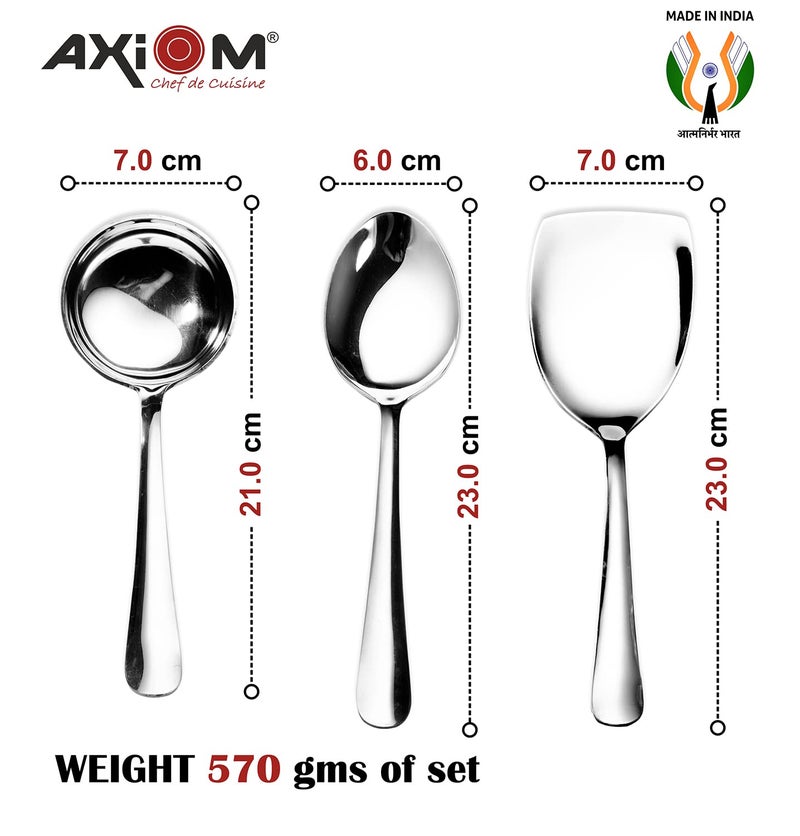 Axiom Stainless Steel Serving Tools 6 Piece Heavy Gauge Non-Stick Set Of 2 Soup Ladle (Karchi), 2 Solid Spoon (Chamcha) And 2 Rice Spoon For Serving Soup/Curry/Dal/Rice/Pasta - 23 Cm - Image 5