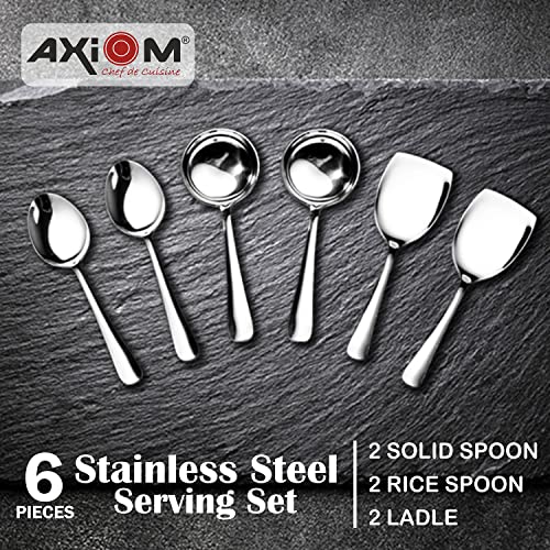 Axiom Stainless Steel Serving Tools 6 Piece Heavy Gauge Non-Stick Set Of 2 Soup Ladle (Karchi), 2 Solid Spoon (Chamcha) And 2 Rice Spoon For Serving Soup/Curry/Dal/Rice/Pasta - 23 Cm - Image 2
