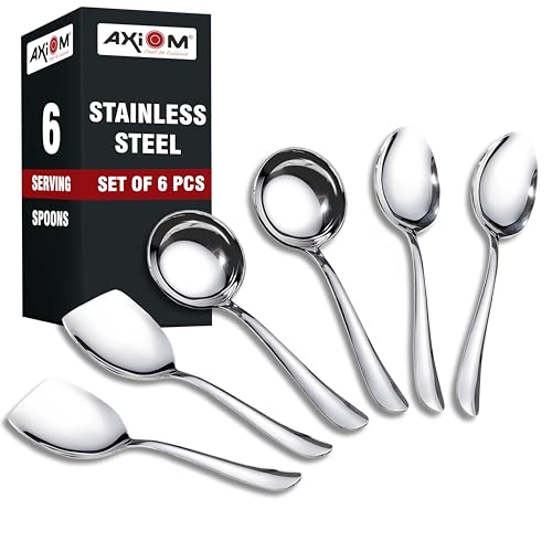 Axiom Stainless Steel Serving Tools 6 Piece Heavy Gauge Non-Stick Set Of 2 Soup Ladle (Karchi), 2 Solid Spoon (Chamcha) And 2 Rice Spoon For Serving Soup/Curry/Dal/Rice/Pasta - 23 Cm - Image 1