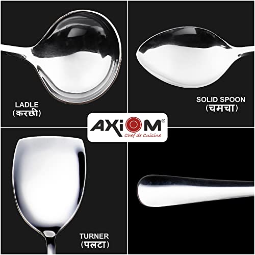 Axiom Stainless Steel Serving Tools 6 Piece Heavy Gauge Non-Stick Set Of 2 Soup Ladle (Karchi), 2 Solid Spoon (Chamcha) And 2 Rice Spoon For Serving Soup/Curry/Dal/Rice/Pasta - 23 Cm - Image 4