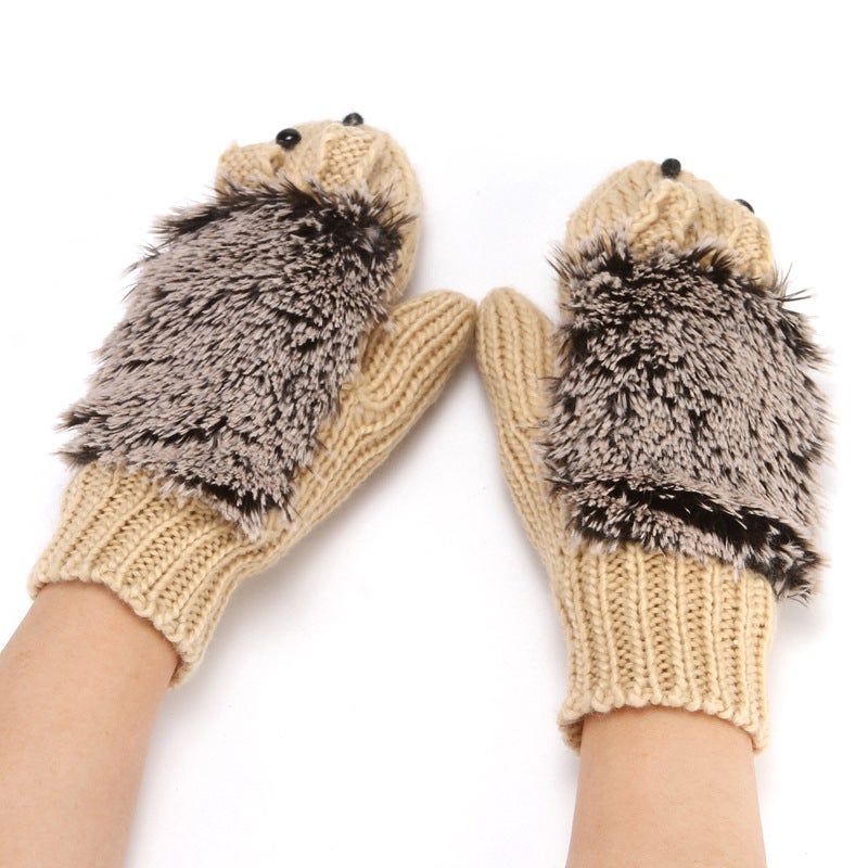 Knitted gloves womens autumn and winter fleece-lined warm bag finger gloves hot selling hedgehog finger cartoon finger glovesHedgehog beige Hedgehog beige 