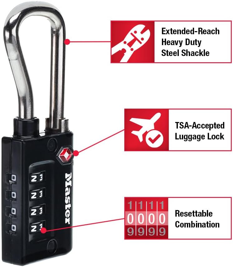 MasterLock Padlock, Set Your Own Combination TSA Accepted Luggage Lock, 1-5/16 in. Wide, Black, 4 pk, 4696EC4 (Pack of 10) - Image 1
